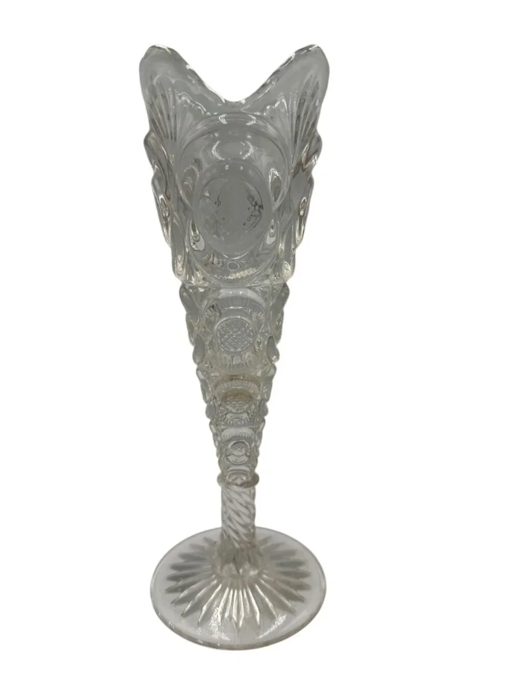 Vintage Clear Pressed Glass Bud Vase Intricate Patterned Design & Flared Rim